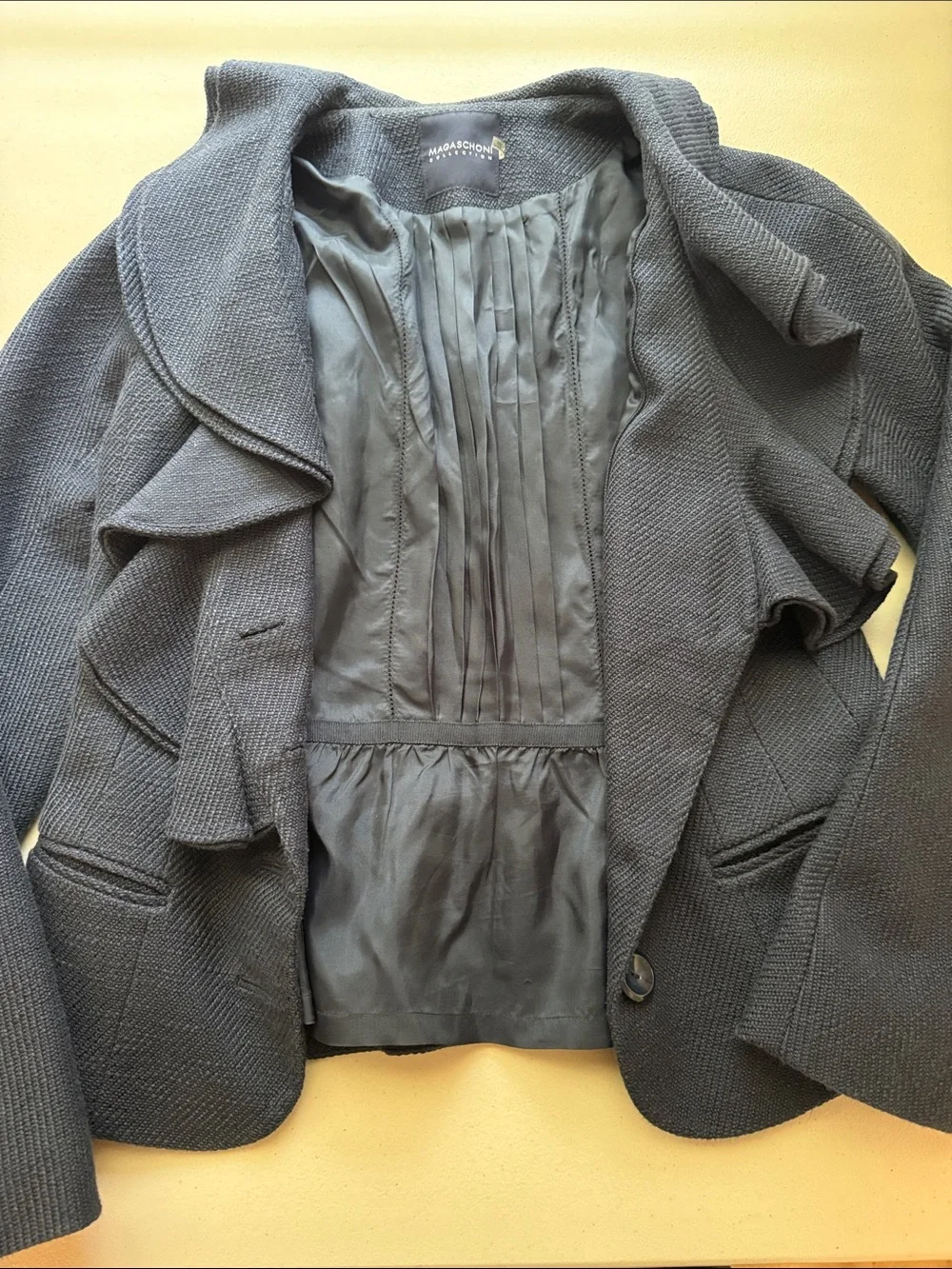 Magaschoni Navy Ruffle-Front Blazer